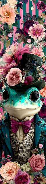 Free printable frog bookmark featuring fancy frog with vertical stripes background